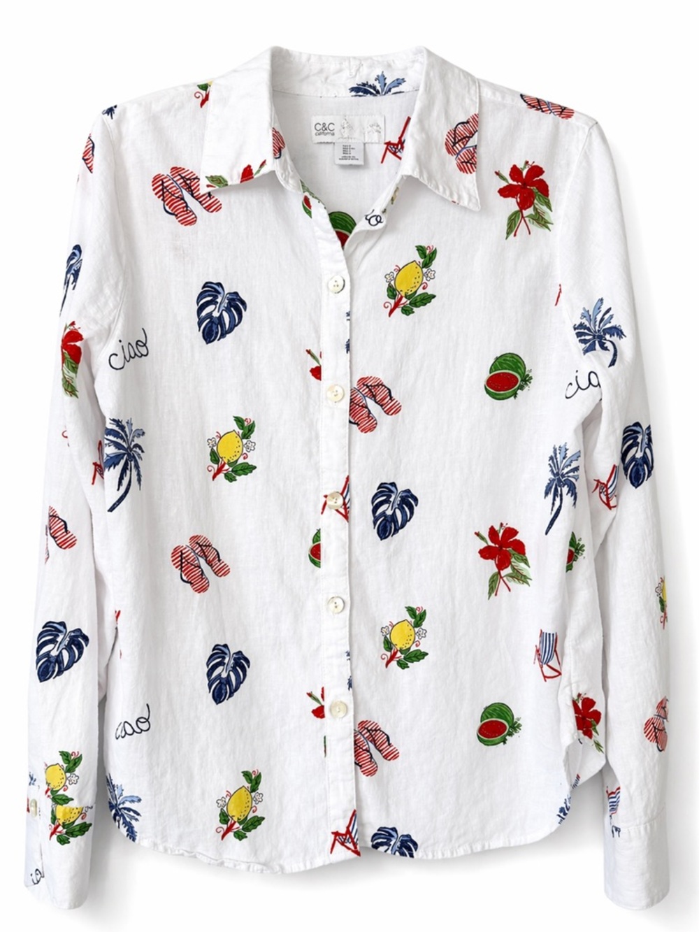 C&C California linen button-down shirt white tropical long sleeves size L
